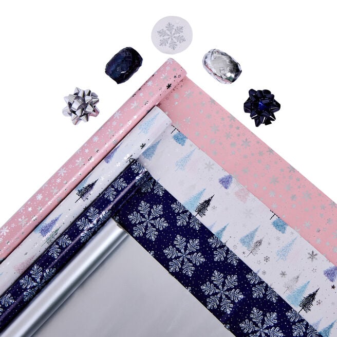 Frosted Glimmer Christmas Gift Wrap Packs - 12 Rolls & Accessories